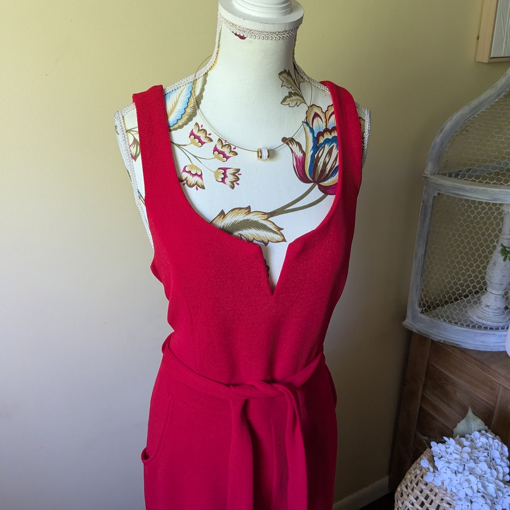 Suzy Shier Bright Red Midi Dress with Waist Tie